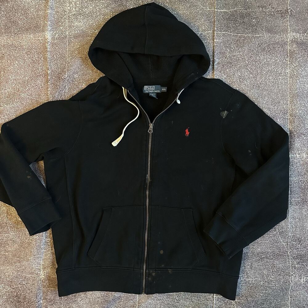 Men's Vintage 90's Polo Ralph Lauren Black Full Zip Up Hoodie Sweatshirt Sz 2XL